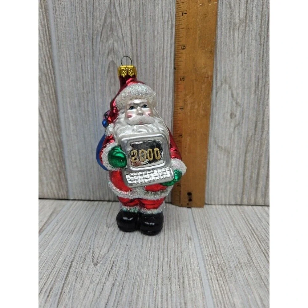 Slavic Treasures‎ 2000 Santa With Computer Glass Ornament Glitter Detail Y2K